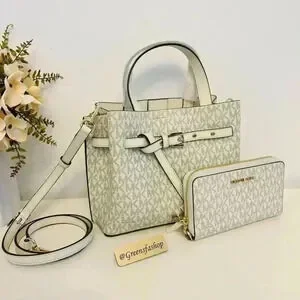 Michael Kors Purse & Wallet Emilia Small Satchel Light Cream MK Signature