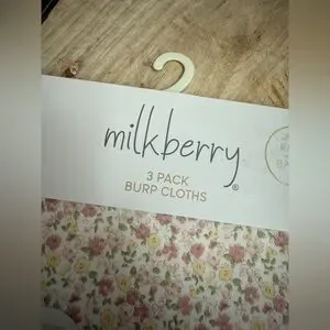 Milkberry 3-Pack Bamboo Rayon Burp Cloths Floral White & Pink Scalloped Set NWT