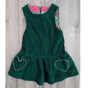 Mini Boden Green Corduroy Heart Pockets Floral Trim Pinefore 2-3Y