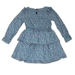 Mini Boden Long Sleeve Cotton Tiered Ruffle Dress Size 5 - 6 Y Blue Floral Print