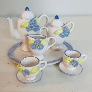Miniature Porcelain Doll House Tea Set Blue And White Floral With Tray 10 Pieces