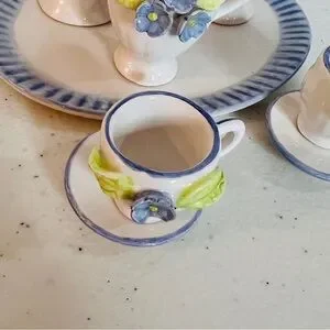 Miniature Porcelain Doll House Tea Set Blue And White Floral With Tray 10 Pieces