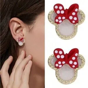 Minnie Mouse Red And Gold Bow Earrings