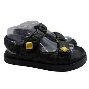 MNG Mango Sandals Womens EU38 US7 Black Padded Studs Chunky Quilted Double Strap