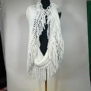 Modern Heritage White Fringe Infinity Scarf Knit Acrylic Blend