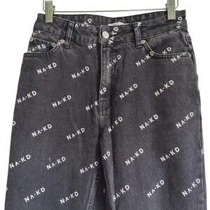 NA-KD Indie All Over Print 5 Pocket Charcoal Cotton Denim Skinny Jeans Sz 36 US6