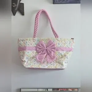 NaRaYa Quilted Bow Elephant Print Pink Rope Handle Baby Bag Tote Mother Diaper