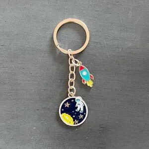 Navy Astronaut Orbit Moon Rocket Spaceship Stars UFO Enamel Gold 3.5" Keychain