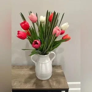 Nearly Natural Faux 23” Tulip Arrangement In White Vase