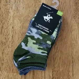 New 3 Pair Beverly Hills Polo Club Low Cut Socks Blue Camo Green Camouflage Kids