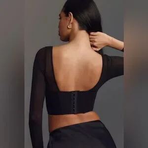 NEW ANTHROPOLOGIE Long-Sleeve Mesh Crop Top In Black