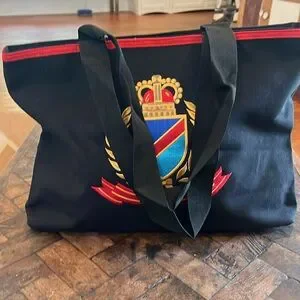 NEW Black Zippered Tote Bag With Embroidered Crest NWOT