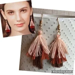 NEW BOHO Earth Color 3 Layer Tassel Earrings Fringe Gold Dangle Fish Hooks