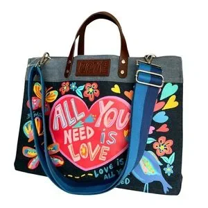 NEW Brighton Artful At Heart Leather Tote East West Denim Multicolored Large Bag