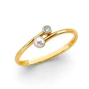 New Dainty Real 14K Yellow Gold CZ and Pearl Ring​