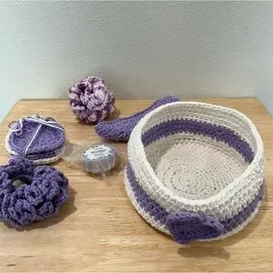 New Handmade Purple And White Crochet Bath Spa Accessory Set