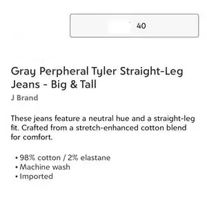 NEW J Brand Grey Perpheral Tyler Stright Leg Jeans Men’s Size 40 Big & Tall