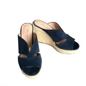 NEW Kate Spade Tropez Blue Suede Sandals Espadrille Leather Wedges Mules Women’s
