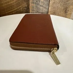 New Orton Brown Pebbled Leather Zip Around Wallet With Embossed Logo 16 Card