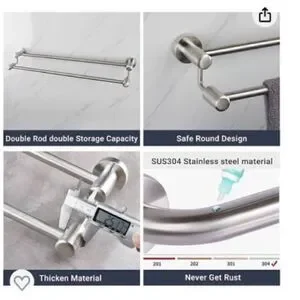 *NEW*Set Of 2 TocTen Stainless Steel Thicken Wall Mounted Double Bath Towel Bar