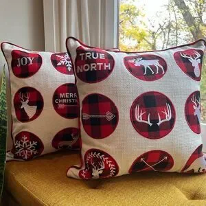 NEW Set of TWO Embroidered Buffalo Plaid Christmas Holiday Throw Pillow Covers