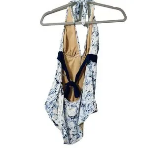 NEW Tart Swim Blue Marbled Print Halter Plunge One Piece Swimsuit Size Medium