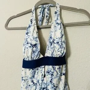 NEW Tart Swim Blue Marbled Print Halter Plunge One Piece Swimsuit Size Medium