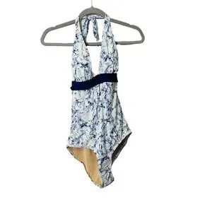 NEW Tart Swim Blue Marbled Print Halter Plunge One Piece Swimsuit Size Medium