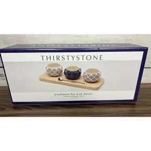 New Thirstystone 5 Piece Blue White Ceramic Condiment Set