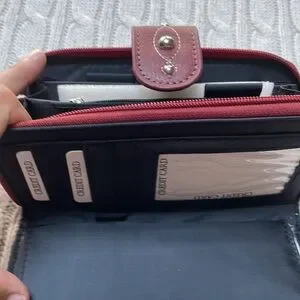 New Unused Red Studded Wallet Zip And Magnet Button Coin Check Credit Cards Keys