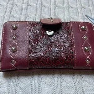 New Unused Red Studded Wallet Zip And Magnet Button Coin Check Credit Cards Keys