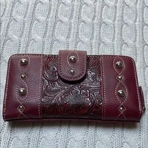 New unused red studded wallet zip and magnet button coin check credit cards keys