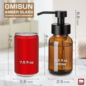 NIB Foaming Soap Dispenser Set Of 2 Amber Glass Bottles – 8.5 Fl Oz / 250ml