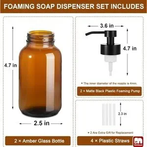 NIB Foaming Soap Dispenser Set Of 2 Amber Glass Bottles – 8.5 Fl Oz / 250ml