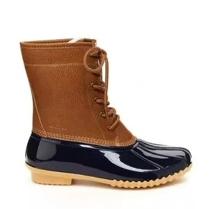 NIB JBU Water-Resistant Faux Leather Lace-Up Duck Boots Navy Blue Brown 8