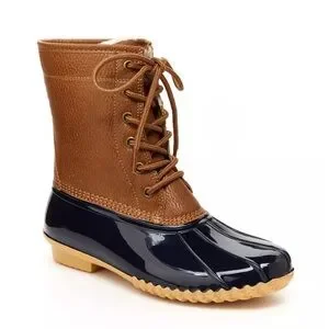 NIB JBU Water-Resistant Faux Leather Lace-Up Duck Boots Navy Blue Brown 8