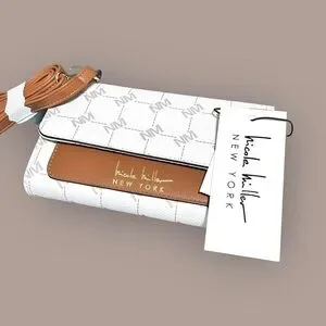 Nicole Miller Logo Brown White Clutch With Removable Strap Small Brand New