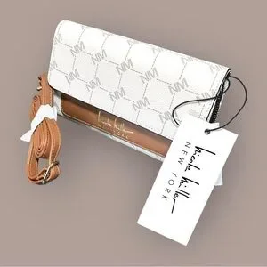 Nicole Miller Logo Brown White Clutch With Removable Strap Small Brand New