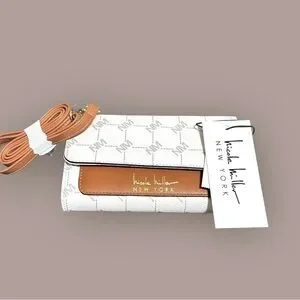 Nicole Miller Logo Brown White Clutch With Removable Strap Small Brand New