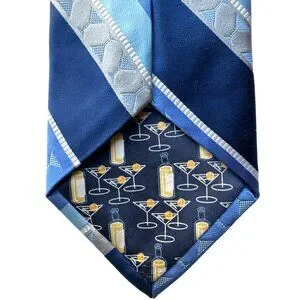 Nicole Miller NY Bartender All Silk Tie MARTINI Glass Blue Stripe Novelty 60"