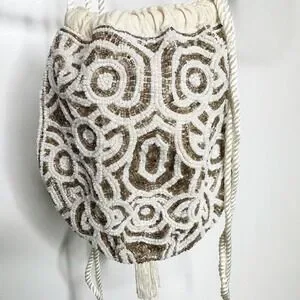 NWOT Free People Penny Beaded Pouch Bag Drawstring Cream One Size OS