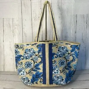 NWT Antik Kraft Jute Handmade Floral Print Tote