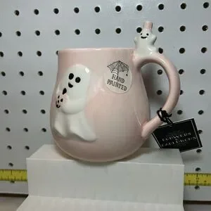 NWT COBWEBS & CAULDRONS Spooky Ghost & A Little Ghost W/ Hat White & Pink Mug