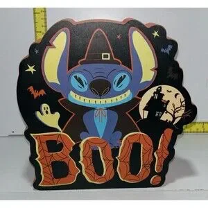 NWT Disney Stitch Halloween Witch BOO Wooden Wall Art - 7 x 7 x 2