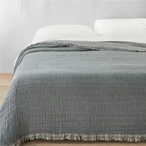 NWT King + Reversible Textured Cotton Chambray Coverlet Dark Teal Blue- Casaluna