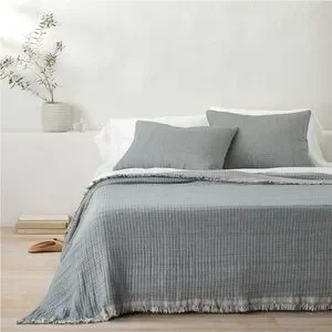 NWT King + Reversible Textured Cotton Chambray Coverlet Dark Teal Blue- Casaluna
