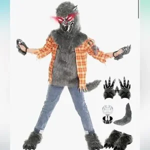 NWT Medium 8 To 10 Yrs Kids Werewolf Costume Set Glowing Eyes Halloween Costume