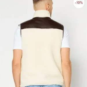 NWT Michael Kors Men’s Sherpa Mock Neck Sleeveless Textured Vest Cream/Brown