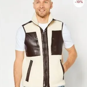 NWT Michael Kors Men’s Sherpa Mock Neck Sleeveless Textured Vest Cream/Brown