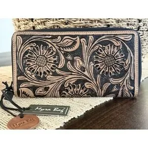 NWT Myra Bag Pancha Florals Wallet Hand Tooled Leather Black/Brown Western